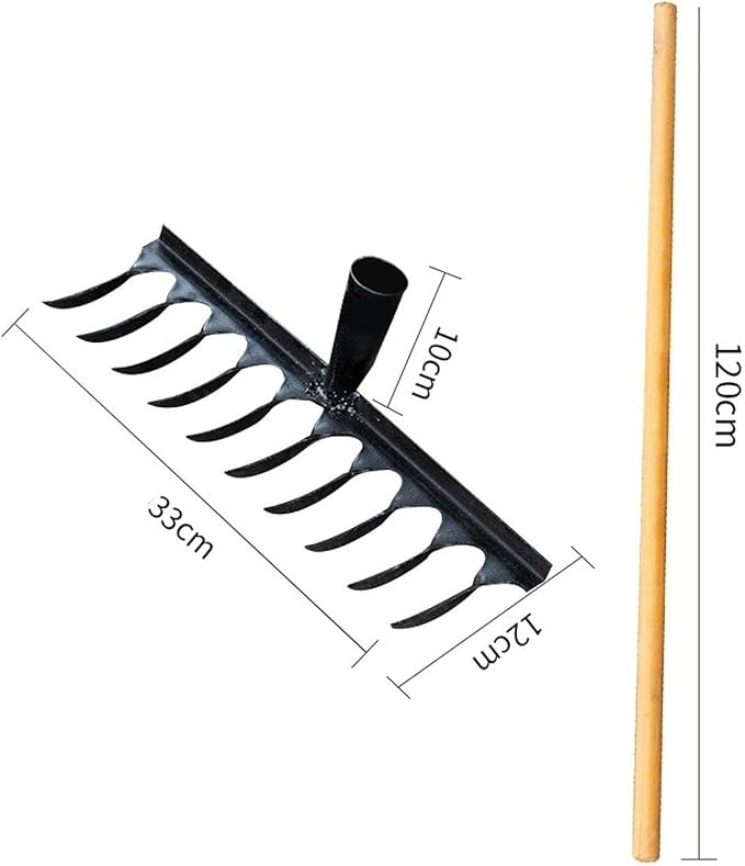 Garden Tool for Soil Preparation Wooden Handle Rake for Flower Beds, 10 Teeth 33x12x10cm