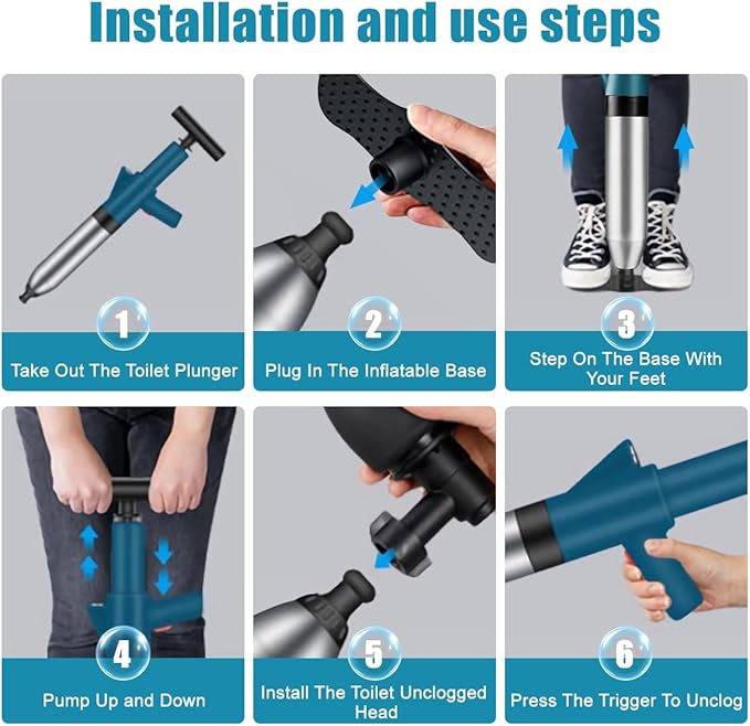 Toilet Plunger Drain Clog Remover: High Pressure Air Drainage Blaster Gun Clog Remover Tool- Stainless Steel Air Plunger for Bathroom, Sink, Floor, Kitchen Clogged