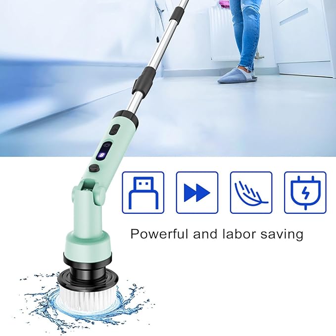 ZJchao Electric Scrubber for Cleaning, Bathroom Cleaning Supplies, Water Proof Cordless with 9pcs Brush Heads and Telescopic Handle for Floors, Bathroom, Kitchen (Green)