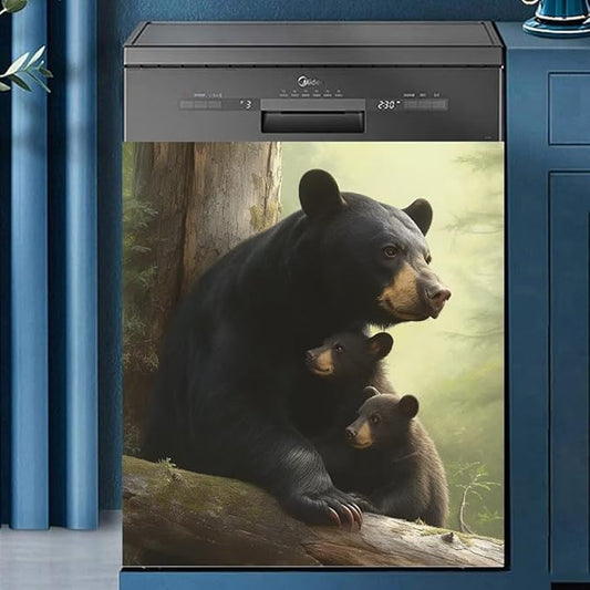 Forest Animal Bears Kitchen Dishwasher Magnet Cover Decoration, Mother Bear with Two Cubs Dishwasher Panel Decal Magnetic, Black Bear Refrigerator Front Door Cover, 23" x 26" Magnetic