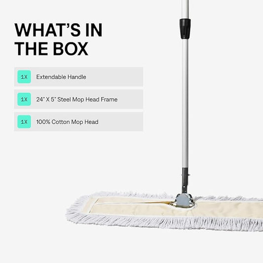 Commercial Dust Mop – 24 Inch Floor Sweeper for Hardwood, Reusable Cotton Mop Head, Extendable Handle, Dry Mop for Floor Cleaning & Janitorial Supplies