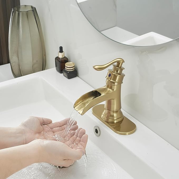 BWE Waterfall Bathroom Faucet Brushed Gold Bathroom One Hole Single Handle Vanity Sink Faucet with Pop Up Drain Assembly and Supply Hose