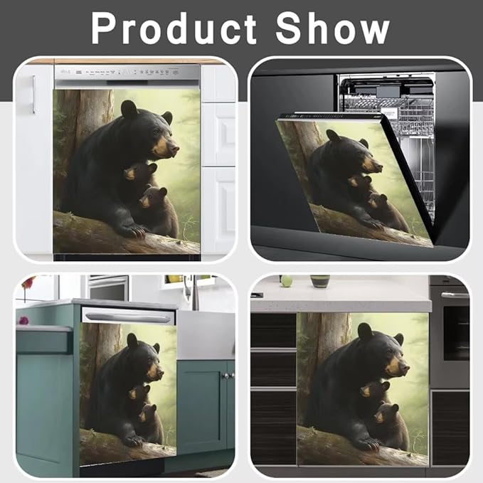Forest Animal Bears Kitchen Dishwasher Magnet Cover Decoration, Mother Bear with Two Cubs Dishwasher Panel Decal Magnetic, Black Bear Refrigerator Front Door Cover, 23" x 26" Magnetic