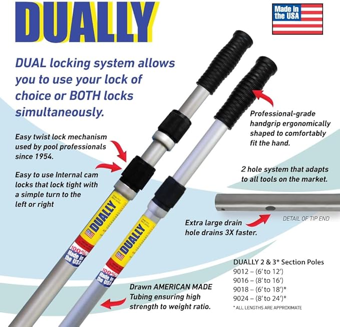 SKIMLITE MANUFACTURING Dually 9016 Telescopic Pool Pole 8-16 Ft Dual Locking Heavy Duty Aluminum Easy Grip Adjustable Telescoping Cleaning Poles with Universal Adapter for Skimmer Brush & Vacuum Head