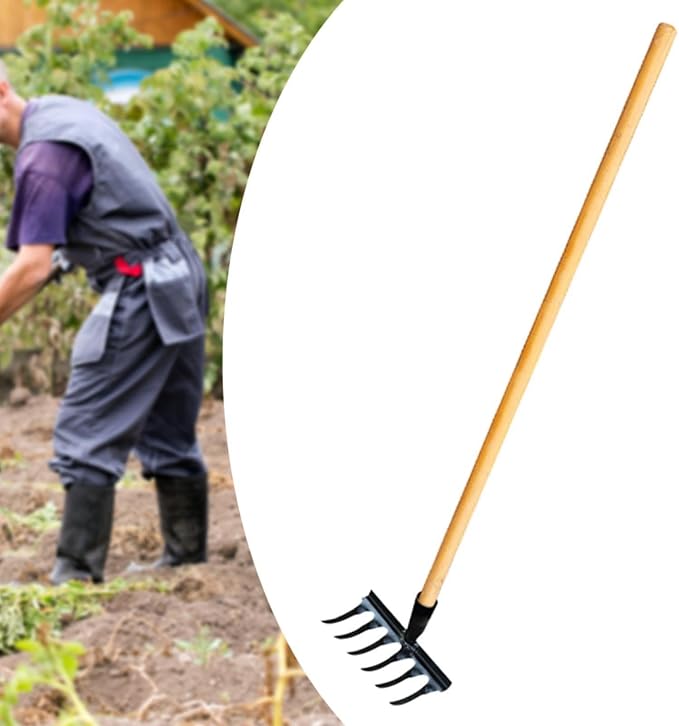 Garden Tool for Soil Preparation Wooden Handle Rake for Flower Beds, 6 Teeth 19x12x10cm
