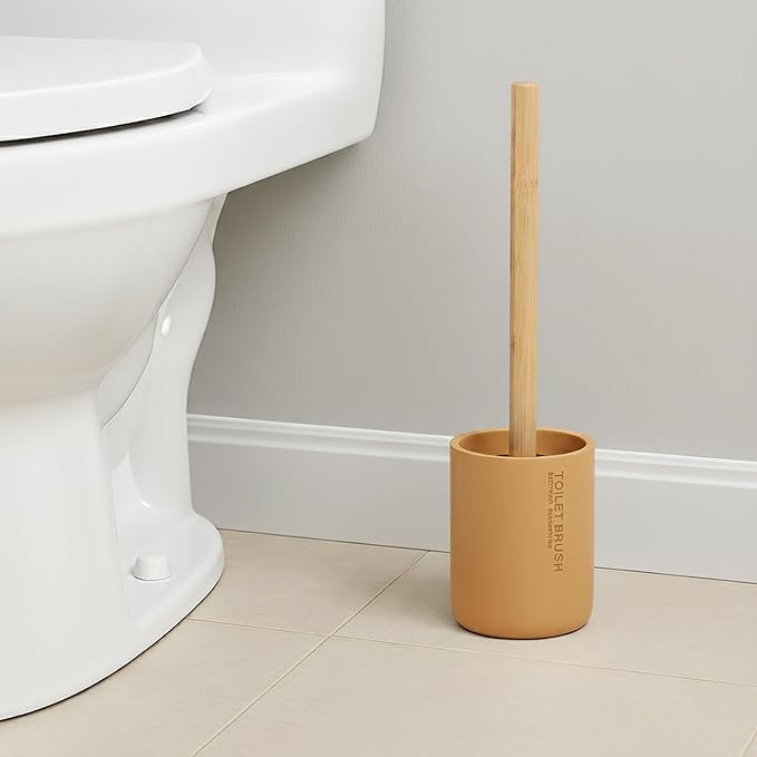 Compact Mustard Yellow Toilet Brush and Holder Set with Natural Bamboo Handle - Durable Toilet Bowl Brush for Deep Bathroom Cleaning