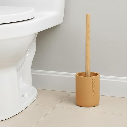 Compact Mustard Yellow Toilet Brush and Holder Set with Natural Bamboo Handle - Durable Toilet Bowl Brush for Deep Bathroom Cleaning