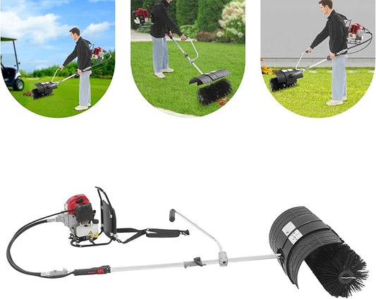 52CC 2 Stroke Gas Powered Backpack Broom Sweeper, 1700W 2.3HP Handheld Sweeper Sweeper Broom, Air-Cooled Walk Behind Snow Sweeper, Outdoor Driveway Turf Lawns Artificial Grass Brush Cleaning Tools