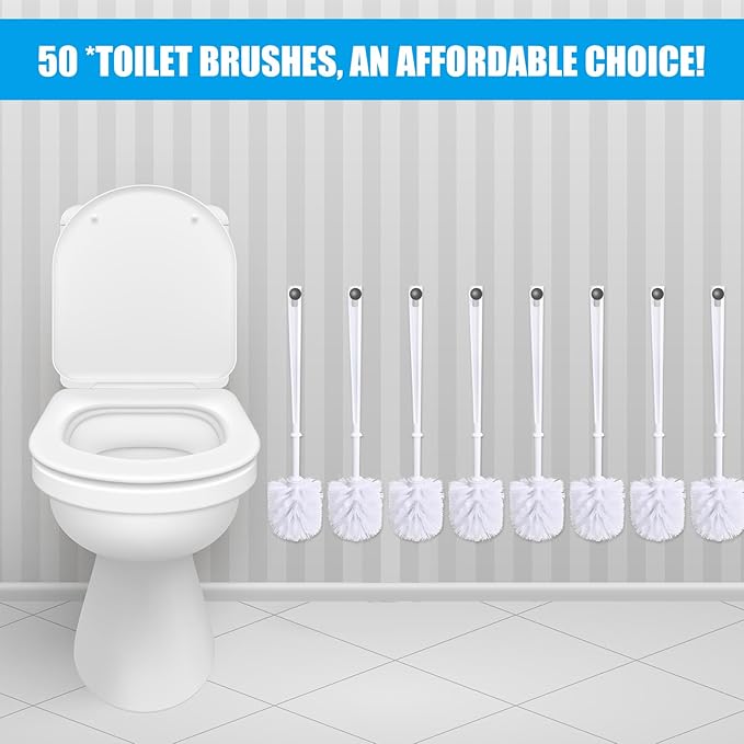 Mimorou 50 Pcs White Toilet Brush, Bathroom Toilet Bowl Brush, Soft Bristle Long Handle Plastic Toilet Scrubber for Bathroom
