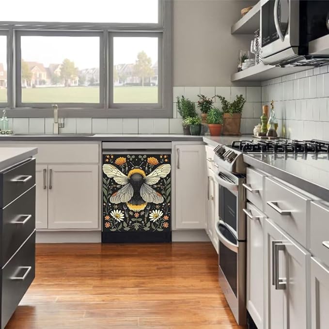 Flower and Bee Wallpaper Dishwasher Magnet Cover Sticekr,Refrigerator Magnet Cover Decal Fridge Microwave Stickers Kitchen Decor,23W x 26H inchs