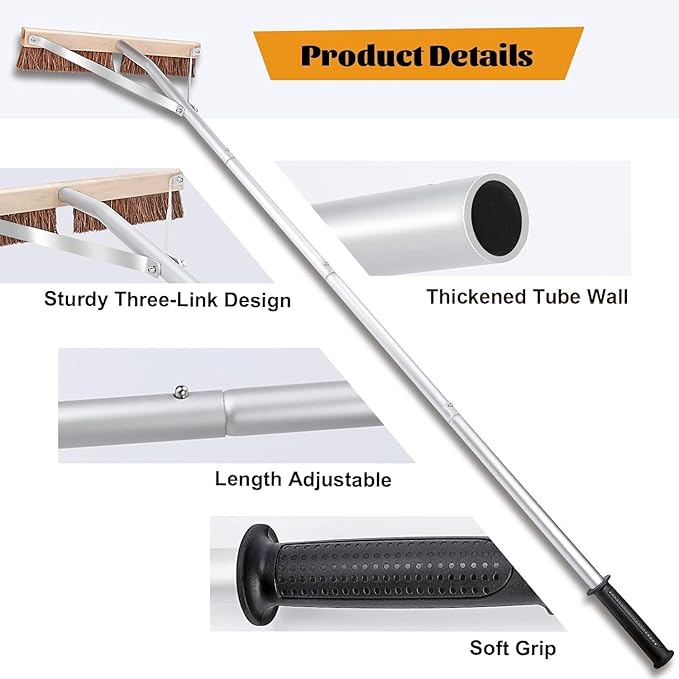 Leaf Roof Brush and Roof Rake, 21 Ft Adjustable Length Roof Cleaning Tool, Remove Roof Leaves Safely, with Natural Brush Head, Lightweight, Easy to Use & Store