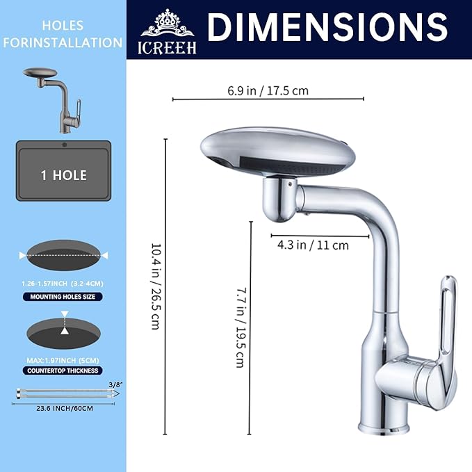 Bathroom Sink Faucet 1 Hole, Chrome Multifunctional Basin Faucet with 4 Water Outlet Modes, Modern 360°Rotatable Bar Tap with Two Water Supply Pipes