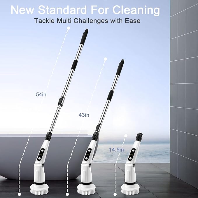 IEZFIX Electric Spin Scrubber, Bathroom Cleaning Brush, Shower Scrubber with Long Handle Adjustable, Cordless Cleaner Brush for Bathtub Kitchen Wall Household Cleaning Helper