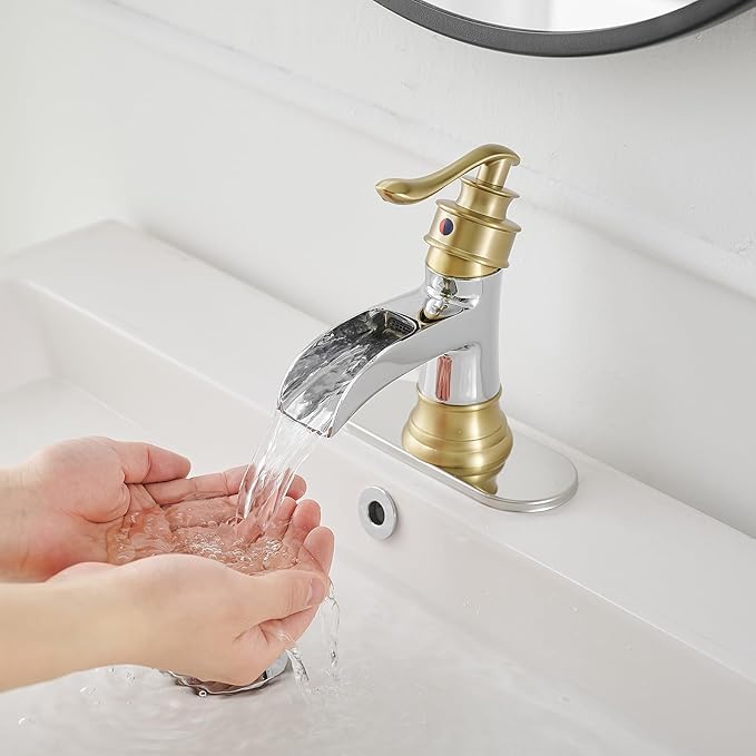 BWE Bathroom Faucet Waterfall Single Handle Chrome and Gold Vanity with Pop Up Drain Stopper with Overflow One Hole Lever Bath Sink Basin Restroom Mixer Tap Commercial Supply Line