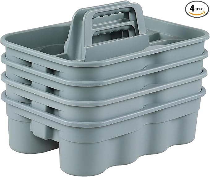 4 Packs 2 Compartment Plastic Cleaning Supplies Caddy, Multipurpose Portable Carry Tote with Handle, Grey