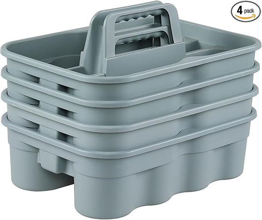 4 Packs 2 Compartment Plastic Cleaning Supplies Caddy, Multipurpose Portable Carry Tote with Handle, Grey