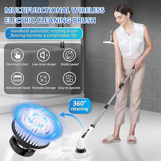 Electric Shower Spin Scrubber, Scrub Brush Floor Scrubber with Long Handle, Electric Cleaning Brush with 9 Replaceable Heads, for Bathroom Kitchen Tile Grout Shower Car Cleaning Supplies﻿
