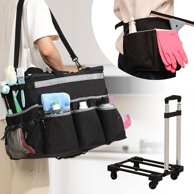 Rolling Cleaning Caddy, Cleaning Supplies Organizer with Cleaning Caddy Apron, Large Cleaning Caddy Bag with Detachable Trolley, Handles and Shoulder Strap for Cleaners Housekeepers, Black