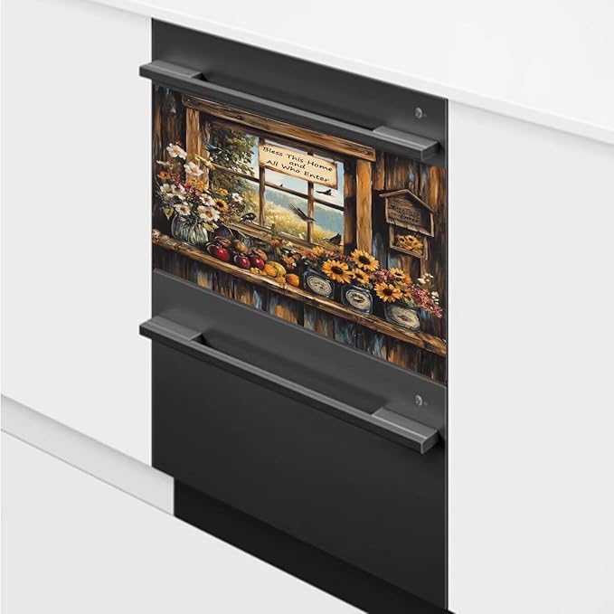 Windowsill Birds and Flowers Dishwasher Magnet Cover, Springtime Reuseable Refrigerator Magnet Cover Retro Wooden Windows Magnetic Dishwasher Decal (23 x 17 Inches)