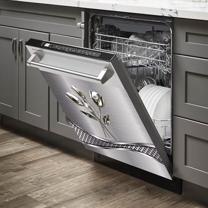 Stainless Steel Flower Wallpaper Dishwasher Cover Decorative Magnetic Sticker Kitchen Refrigerator Covers for The Front Fridge Door Magnet 23W x 17H inchs