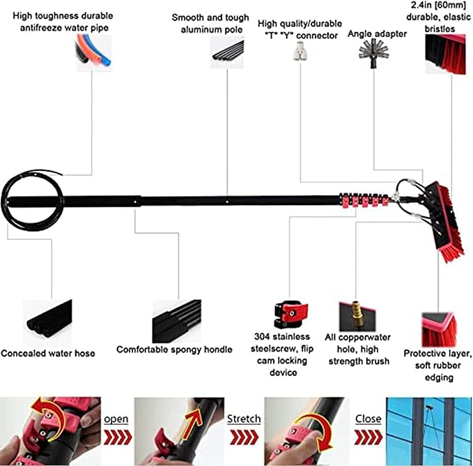 Water Fed Pole Kit,Solar Panel Cleaning Equipment,Window Cleaning Water Fed Poles Roof Cleaning Tools Solar Panel Cleaning Brush 35m Brush Head Easy to Install Steel Buckle Fastening,6m/20FT