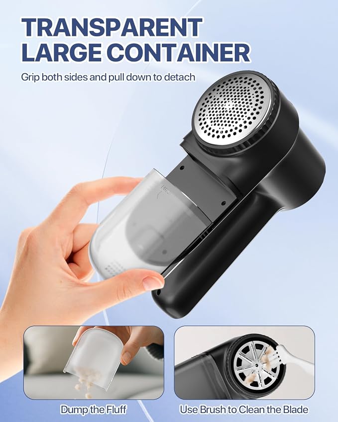 Rechargeable Lint Shaver, Lint Remover with LED Light,3 Extra Blades | 3-Speeds Sweater Shaver with LED Display, Electric Fabric Shaver for Clothing & Furniture, Type-C Fast Charging Port - Black - Image 7