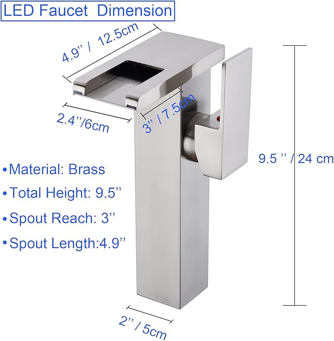 LED Waterfall Bathroom Sink Faucet, 3 Colors Changing Glass Spout Faucet with Water Supply Hose, Single Handle Single Hole Slanted Body Brass Mixer Vanity Sink Tap (Brushed Nickel)