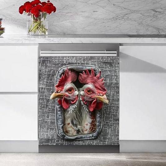 Wood Board and Rooster Wallpaper Dishwasher Magnet Cover Panel Kitchen Decorative Magnetic Refrigerator Front Door Cover Sticker,23W x 26H inchs