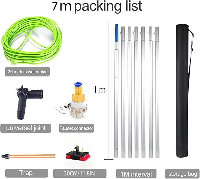 7m/23ft Telescopic Water Fed Window Cleaning Pole, Solar Panel Conservatory Roof Cleaner, Extendable Extended Extension Brush Kit(30cm Brush 7m Pole)