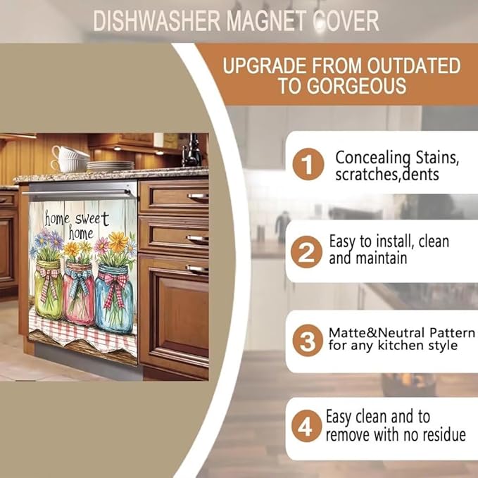 Home Sweet Home Kitchen Decor Dishwasher Magnet Cover Decal, Mason Jar Floral Farm Style Magnetic Dish Washer Panel Door Vinyl Sticker, Refrigerator Magnets,Easy to Clean, 23 x 26 inch