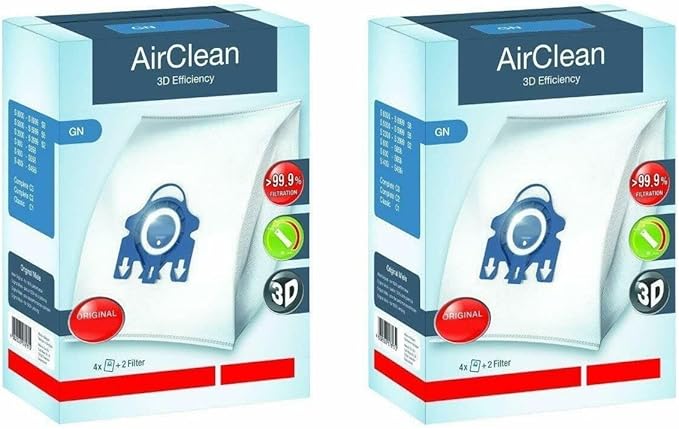 Miele Original GN AirClean 3D Efficiency Vacuum Cleaner Bags for Miele Classic C1, Complete C2/C3, and S2/S5/S8 Vacuum Cleaners, Pack of 4 Dust Bags and 2 Filters – 10123210