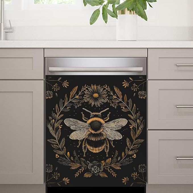 Flower and Bee Wallpaper Dishwasher Magnetic Cover Sticker Refrigerator Fridge Magnet Panel Decal Magnets Home Kitchen Fridge Front Door Cover 23W x 17H inchs