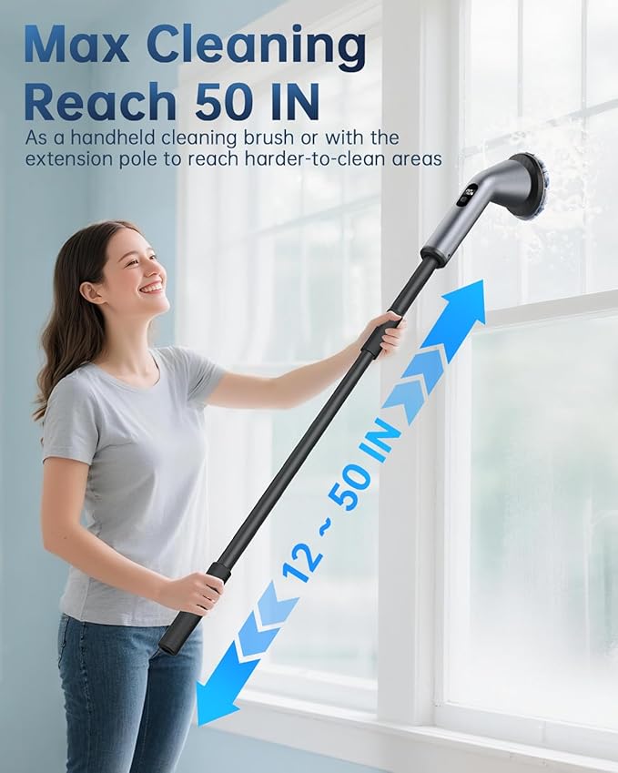 Electric Spin Scrubber, IPX7 Waterproof Dual Speed Cordless Cleaning Brush with 7 Replacement Heads, Extendable Long Handle Shower Scrubber for Bathroom Shower Bathtub Glass Tub Tile Floor Car