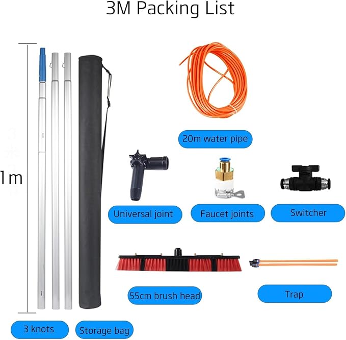 Window Cleaning Pole, Water Fed Telescopic Brush Photovoltaic Panel Cleaning Tool 30Cm Brush Head for Cleaning photovoltaic and Solar Panels and Other Cleaning Activities 3poles 55brush Head