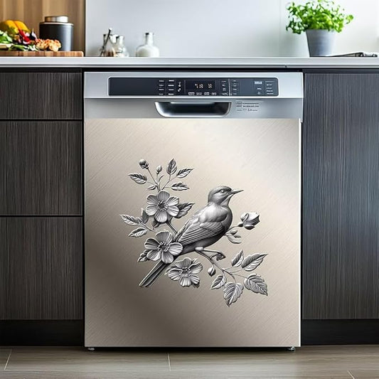 Dishwasher Magnet Cover Sticker,Stainless Steel Style Bird and Flower Pattern Magnetic Refrigerator Panel Decal Magnets Kitchen Decor Sticker Fridge Magnets Panel,23W x 26H inchs