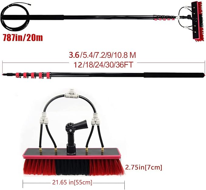 Window Cleaning Pole, Water Fed Telescopic Window Cleaning Brush, Extendable Cleaner Roof Cleaning Tools Window Cleaner Kit for Photovoltaic Panel, Trucks, Bus, Cars,30ft/9m-55cmBrushhead