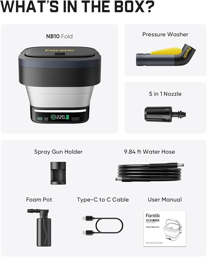 Fanttik NB10 Fold Cordless Electric Pressure Washer, Foldable Sprayer Washer w/3.2gal Tank, HD LED Display, 5-in-1 Nozzle, Max 220PSI, with Camping Light, Type-C Charging, for Patio, Camping