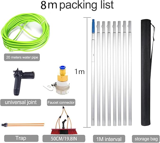 8m/26.5ft Telescopic Water Fed Window Cleaning Pole, Solar Panel Conservatory Roof Cleaner, Extendable Extended Extension Brush Kit(50cm Brush 8m Pole)
