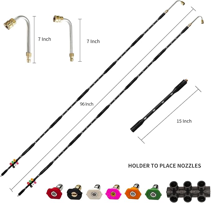 Pressure Washer Gutter Cleaning Tools, Upgrade Power Washer Extension Wand with 6 Nozzle Tips, Replacement Power washer Lance with 1/4" Quick Connect 90°, 120° curved rod, 4000 PSI
