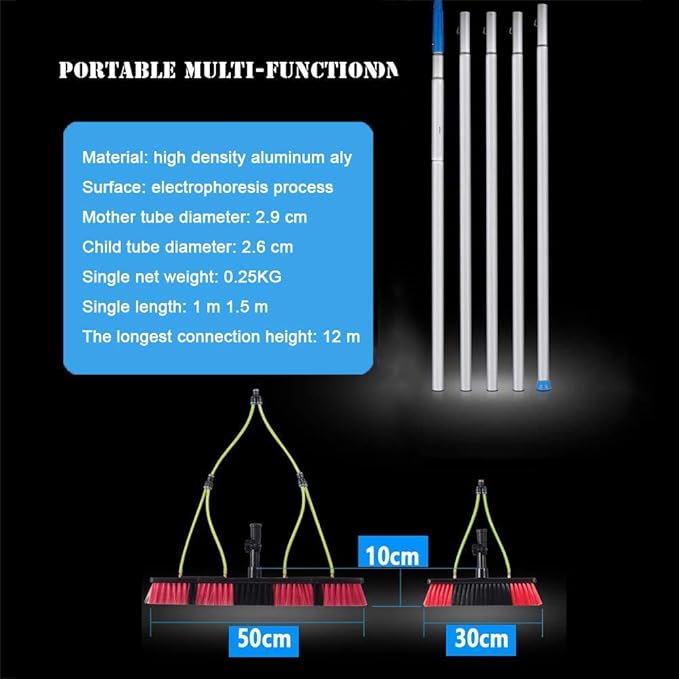 Photovoltaic Panel Cleaning, Window Clean, 3-12M Water Fed Telesbrush, Extendable Cleaner Conservatory Roof Cleaning Tools Pole/6M Rod/30Cm Brush Head