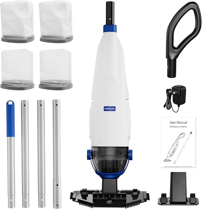 Cordless Handheld Pool Vacuum Cleaner 1110 GPH True Strong Suction 60min Run-time 40µm Ultra Fine Mesh Filter for Leaves Debris,with Aluminum Pole&Angle Head for Hot Tubs,Inground &Above Ground Pools