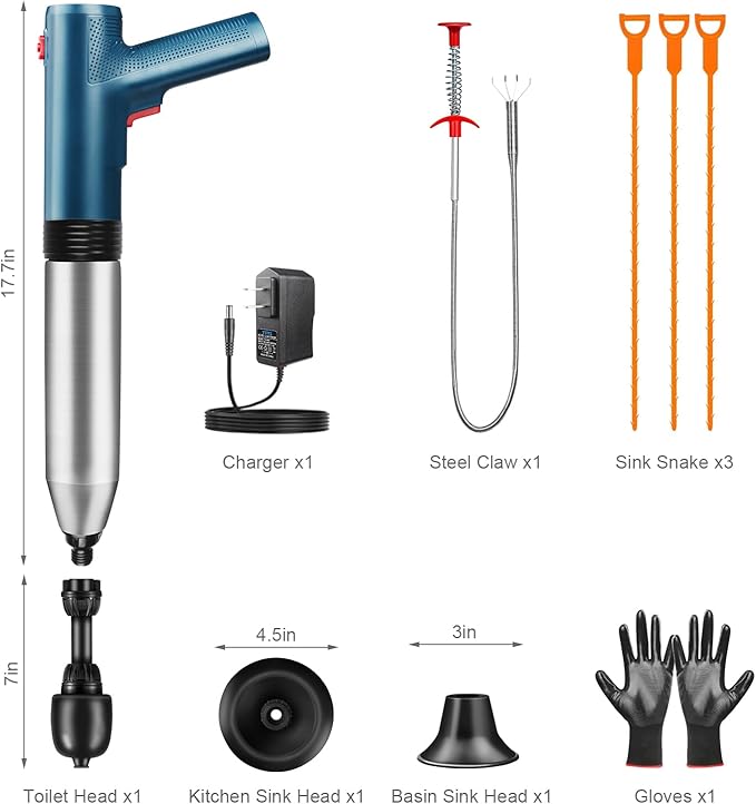 Electric Toilet Plunger Clog Remover: High Pressure Air Drain Blaster Clog Remover for Bathroom Bathtub Floor Drain Clogged