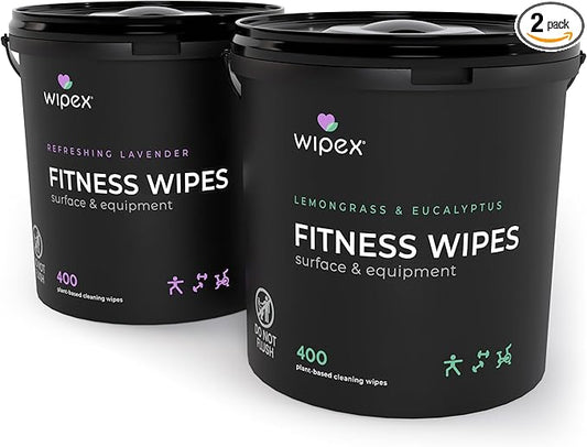Wipex Fitness Wipes for Equipment Bundle - EWG Verified - Get 2 Buckets (1) Lemongrass & (1) Lavender Plant-Based Gym Equipment Wipes, Clean Surfaces & Mats, Safe Gym & Peloton Bike Cleaner