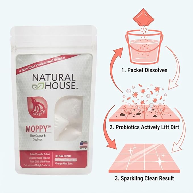 Natural House Moppy - Probiotic Floor Cleaner Pods - No Residue Formula - Multi-Surface Safe - Orange Mint Scent - 4 Count