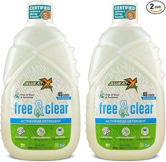 SWEAT X Free & Clear Laundry Detergent Liquid - Natural Non Toxic Laundry Detergent for Sensitive Skin - Gentle Washing Detergent for Activewear & Performance Fabrics - 45 Loads/Bottle, 2 Bottles