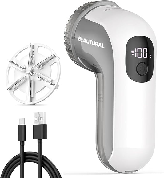 BEAUTURAL Fabric Shaver and Lint Remover, Portable Sweater Defuzzer | Rechargeable, 3 Speeds, 6 Leaf Blades, Digital LED Display, Remove Pilling for Clothes, Furniture, Couch, Blanket by BEAUTURAL