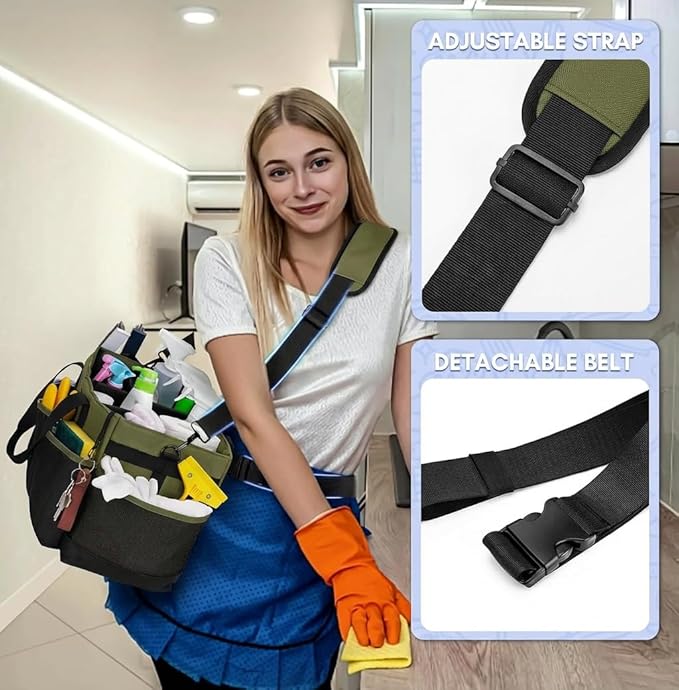 Ytonet Wearable Cleaning Caddy Organizer with Handle & Shoulder Straps, Large Cleaning Bag for Housekeepers, Kitchen Supplies Organizer with Dividers, Under Sink & Car Detailing Bag, Green