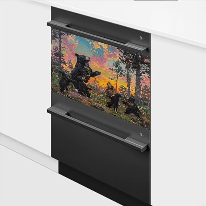 Dishwasher Magnet Cover, Forest Black Bear Family Magnetic Dishwasher Sticker for Kitchen Decoration 23x17in Fridge Panel Vinyl Decal Farmhouse Refrigerator Cover
