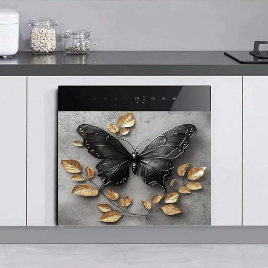 Black Butterfly Gold Leaf Dishwasher Magnet Cover Metalized Pattern Front Dishwasher Cover Magnetic Home Appliances Doors Panel Magnets Decals Kitchen Decorative 23" x 17"(Magnetic)