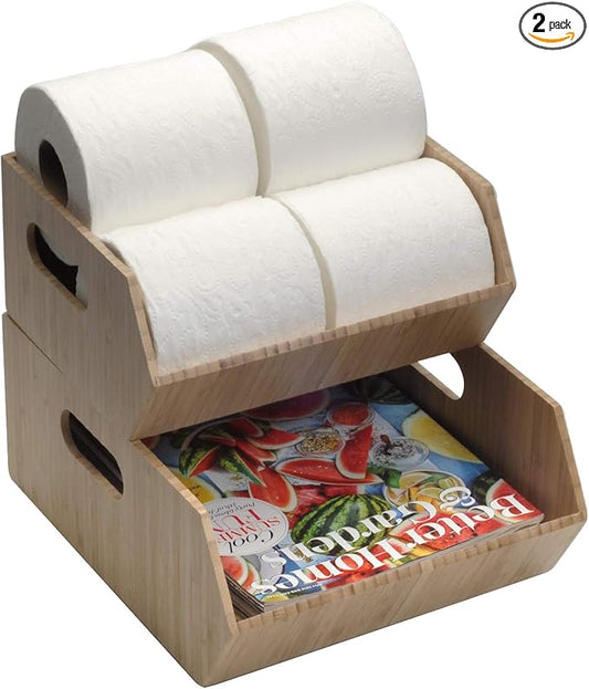 MobileVision XL Bamboo Storage Bins for Bathroom Cabinet Organizer, 2 PIece Stackable Set, Holds Toilet Paper, Wipes, Magazines, Cleaning Supplies, and more